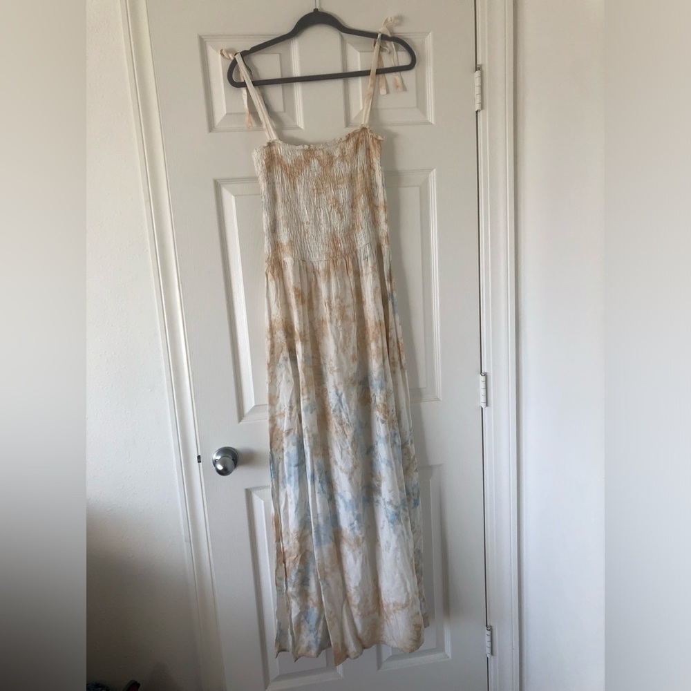Tie-Dye Maxi Spaghetti Strap Tie Dress with Square Neck and Ruched Elastic Top